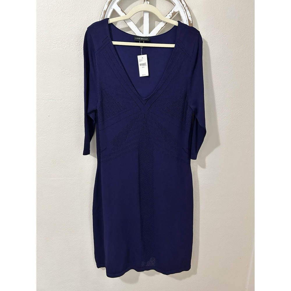 Lane Bryant SIZE 14/16 Navy Stretch Knit V Neck Half Sleeve Dress Career *040